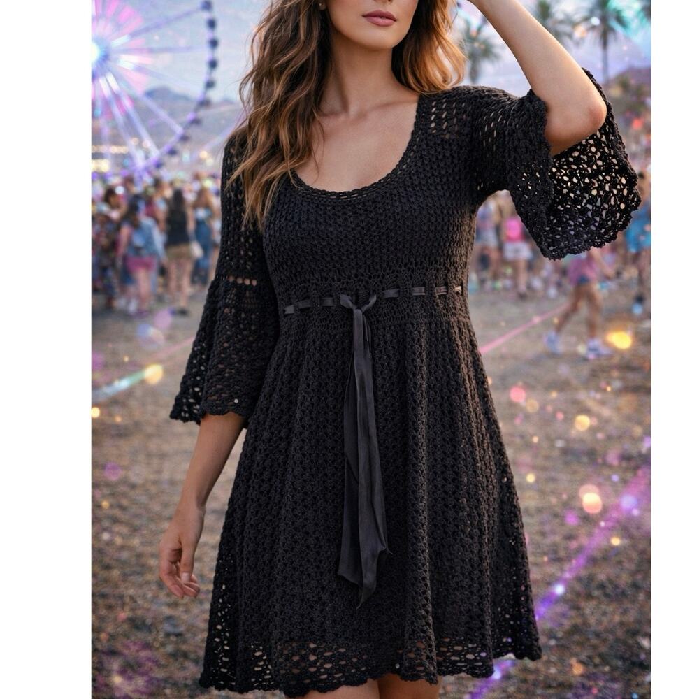 Vintage Y2K Black Crochet Flare Sleeve Ribbon Tie Midi Dress Whimisgoth Size XL